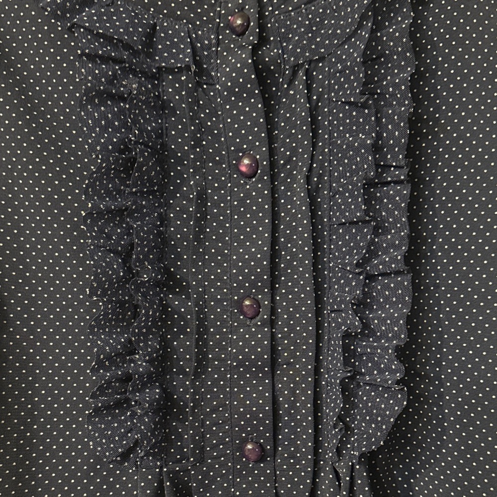 Navy Polka Dot Ruffle Front Blouse - Women - Picture 3 of 3